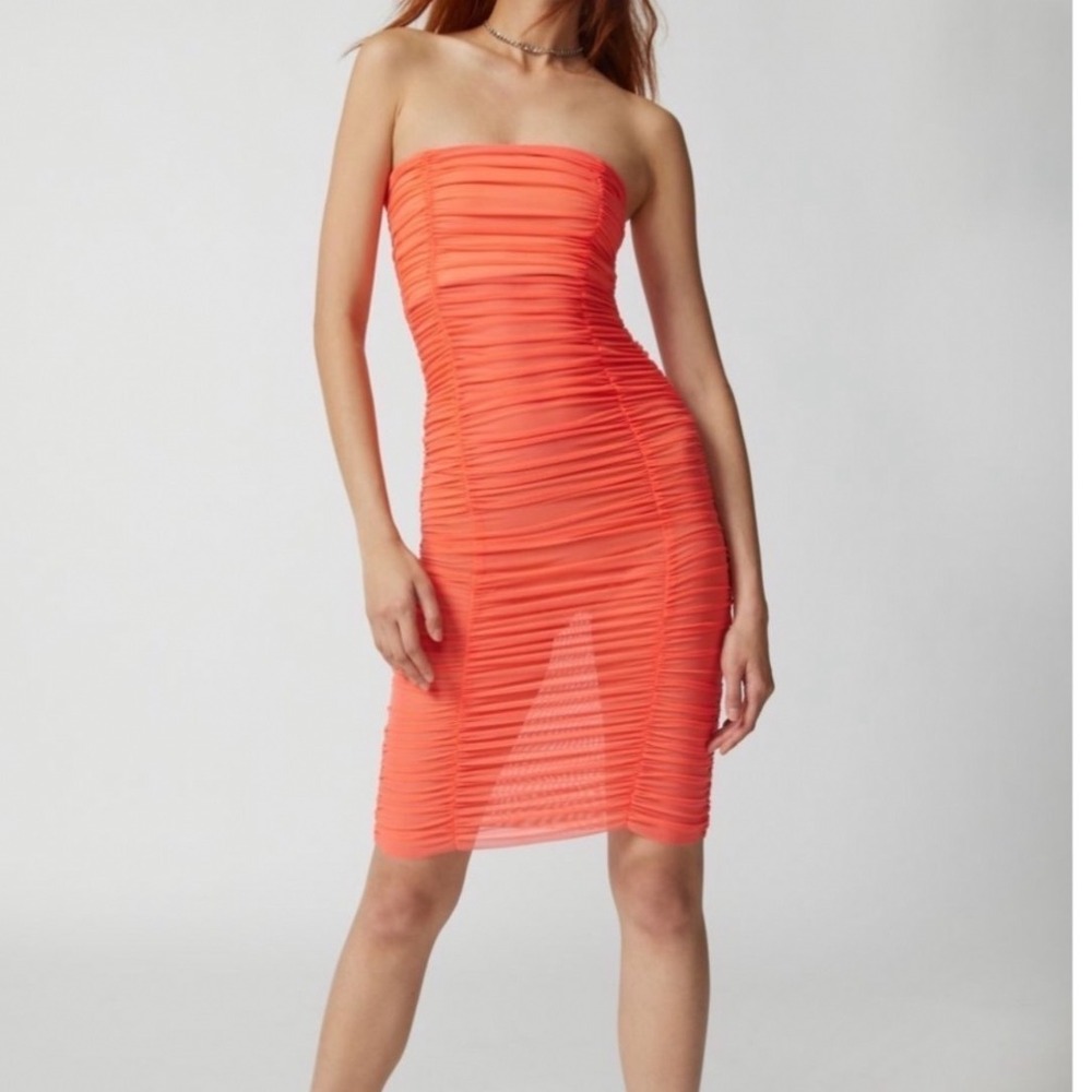 Urban Outfitters Coral Orange Ruched Mesh Strapless Bodycon Midi Tube Dress M